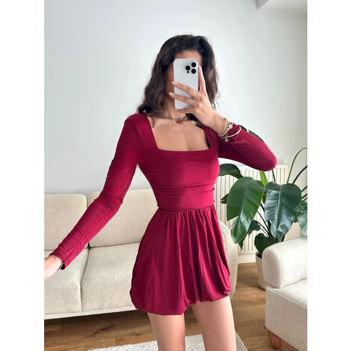Kare Yaka Balon Etek Elbise - BORDO