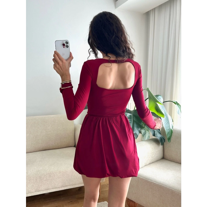 Kare Yaka Balon Etek Elbise - BORDO