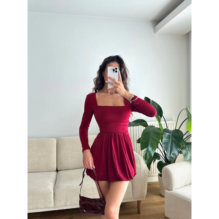 Kare Yaka Balon Etek Elbise - BORDO