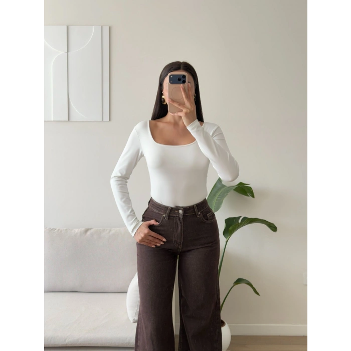 Kare Yaka Bodysuit - BEYAZ