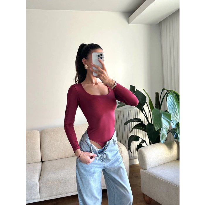 Kare Yaka Bodysuit - BORDO