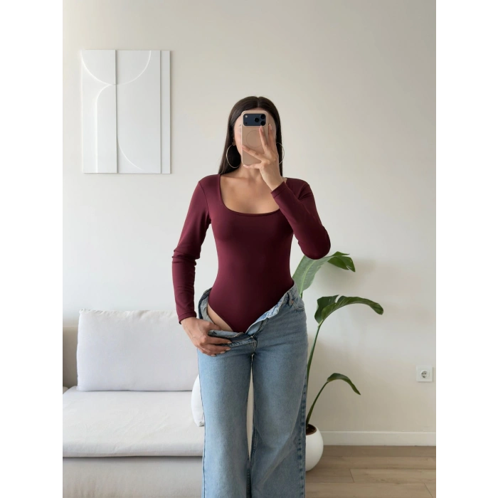 Kare Yaka Bodysuit - BORDO