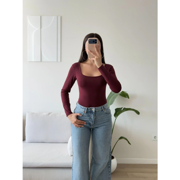 Kare Yaka Bodysuit - BORDO