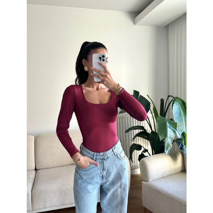 Kare Yaka Bodysuit - BORDO