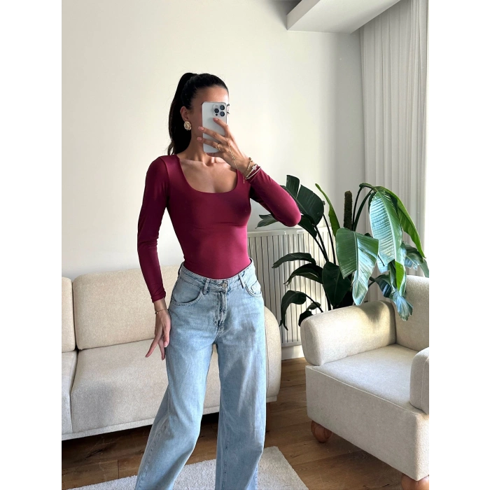 Kare Yaka Bodysuit - BORDO
