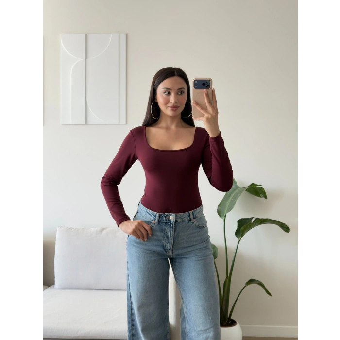 Kare Yaka Bodysuit - BORDO