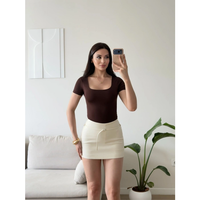 Kare Yaka Bodysuit - KAHVE