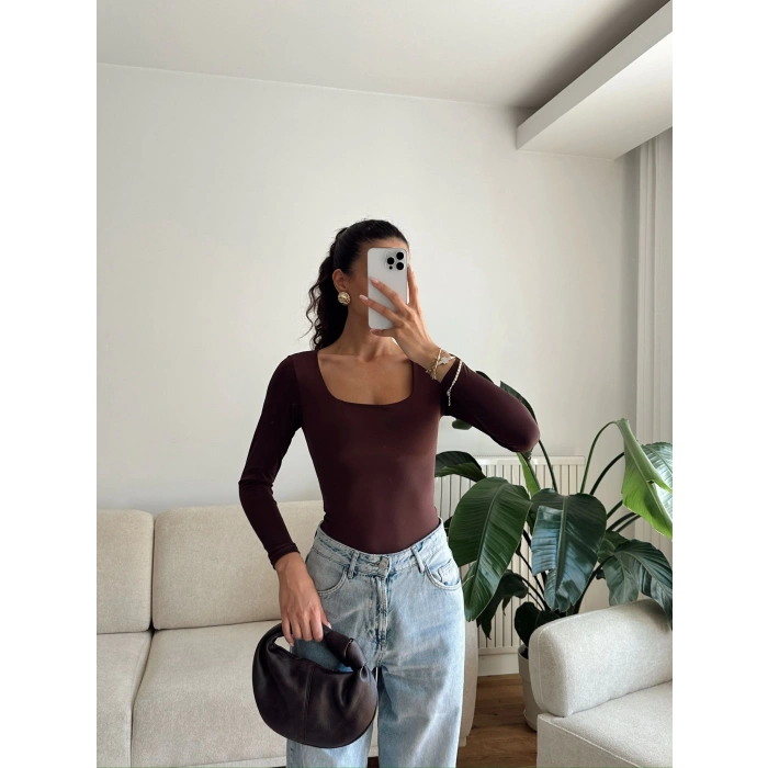 Kare Yaka Bodysuit - KAHVE