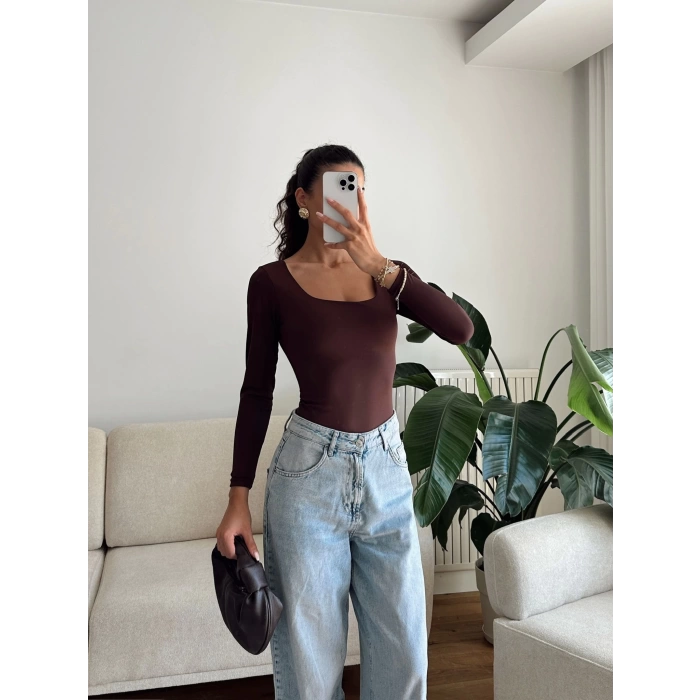 Kare Yaka Bodysuit - KAHVE