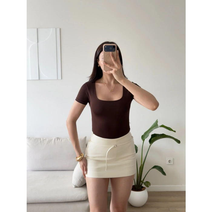 Kare Yaka Bodysuit - KAHVE