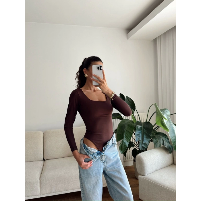 Kare Yaka Bodysuit - KAHVE