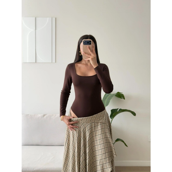 Kare Yaka Bodysuit - KAHVE