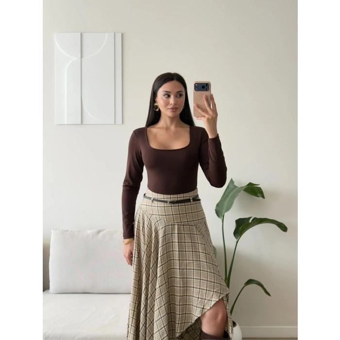 Kare Yaka Bodysuit - KAHVE