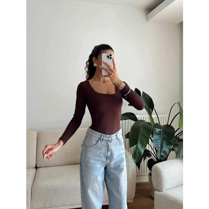 Kare Yaka Bodysuit - KAHVE