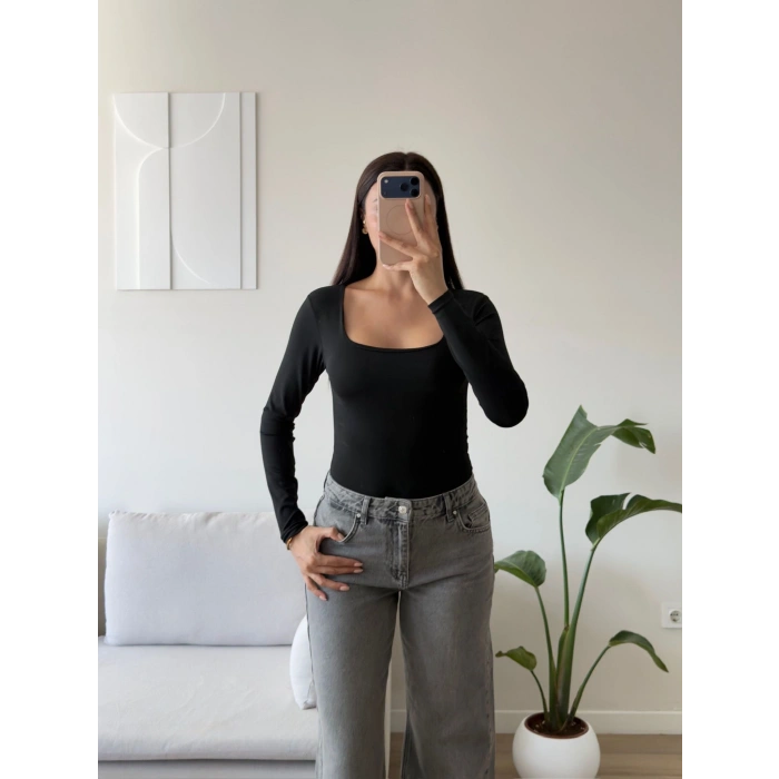 Kare Yaka Bodysuit - SİYAH
