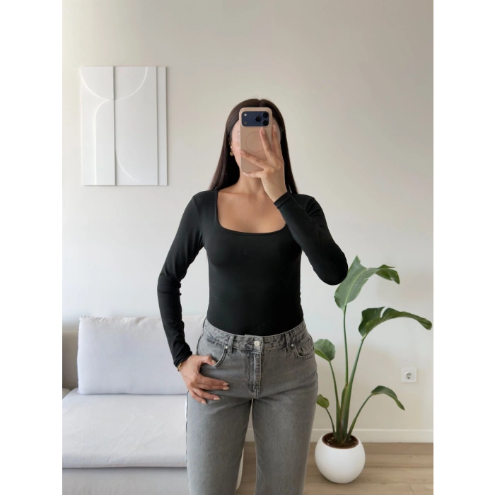 Kare Yaka Bodysuit - SİYAH