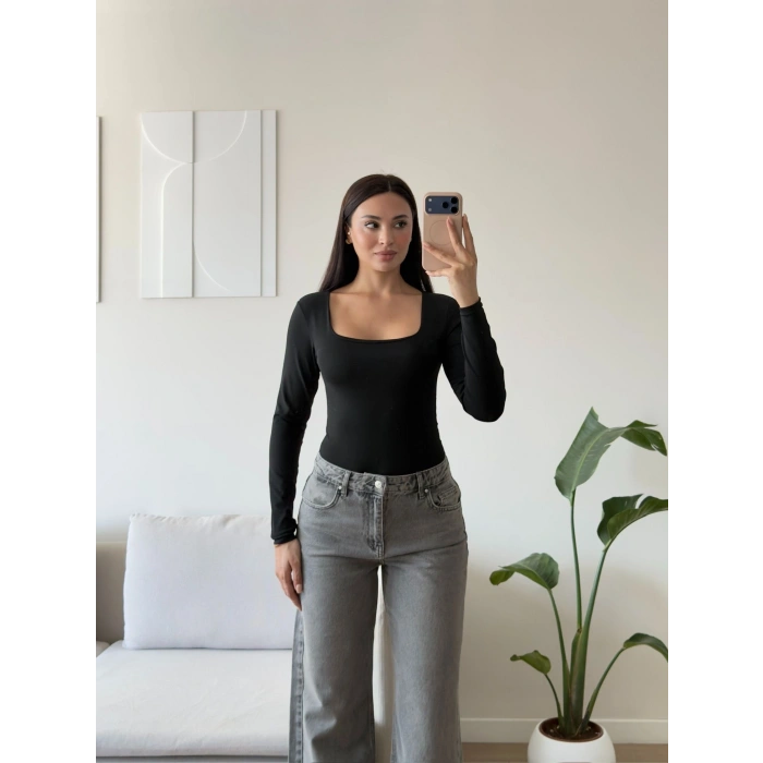 Kare Yaka Bodysuit - SİYAH
