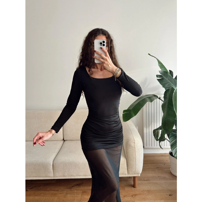 Kare Yaka Eteği Tül Elbise