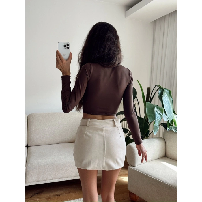 Kare Yaka Kısa Crop - KAHVE
