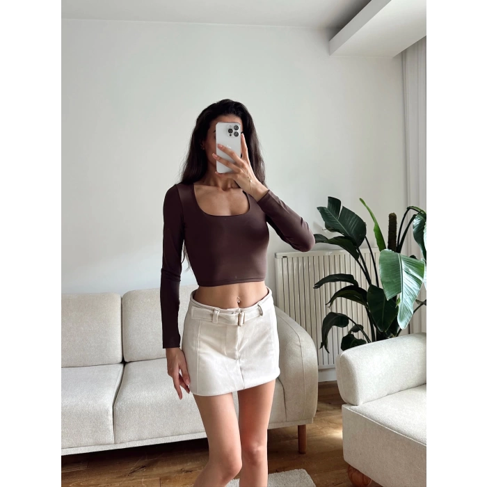 Kare Yaka Kısa Crop - KAHVE