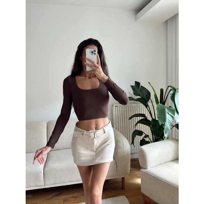 Kare Yaka Kısa Crop - KAHVE