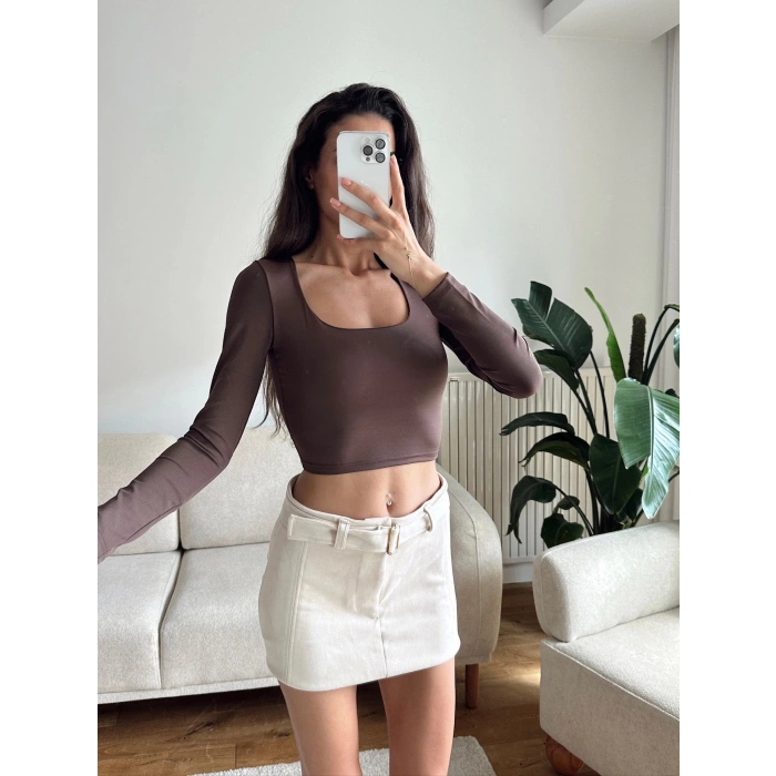 Kare Yaka Kısa Crop - KAHVE