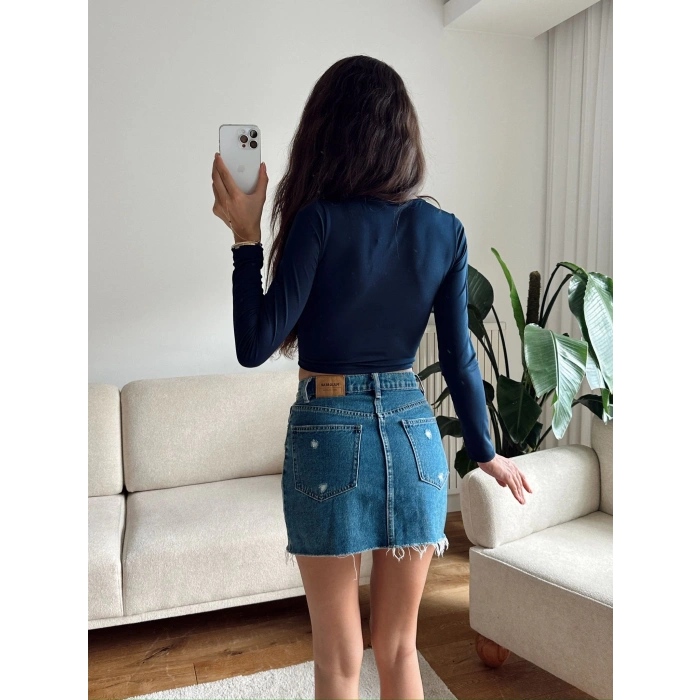 Kare Yaka Kısa Crop - LACİVERT