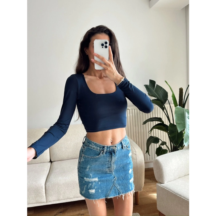 Kare Yaka Kısa Crop - LACİVERT