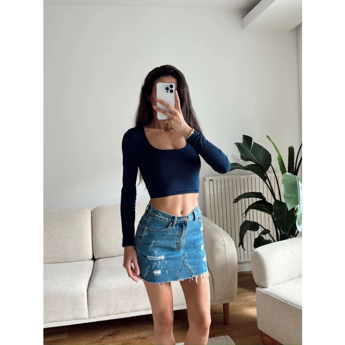 Kare Yaka Kısa Crop - LACİVERT