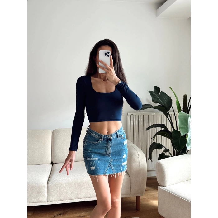 Kare Yaka Kısa Crop - LACİVERT