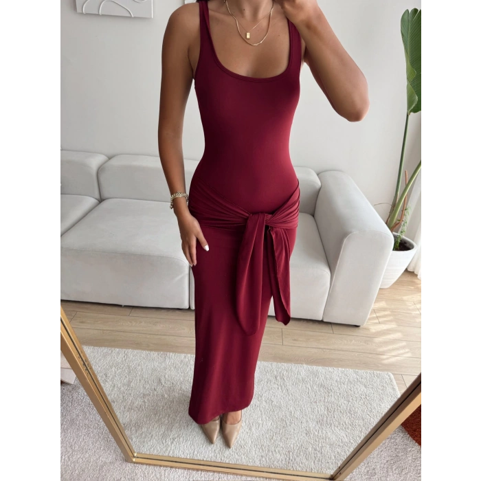 Kare Yaka Kuşaklı Elbise - BORDO