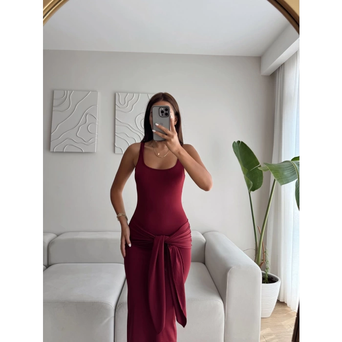 Kare Yaka Kuşaklı Elbise - BORDO
