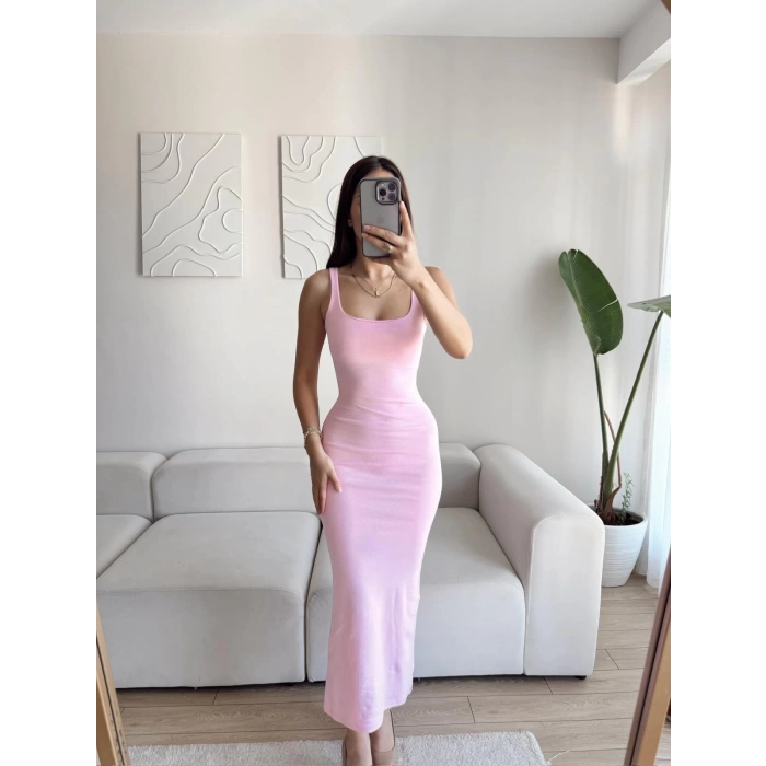 Kare Yaka Long Elbise - PEMBE