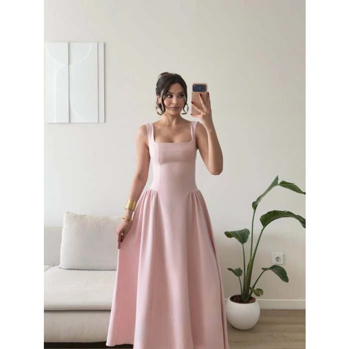 Kare Yaka Prenses Elbise - PEMBE