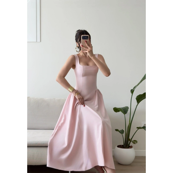 Kare Yaka Prenses Elbise - PEMBE