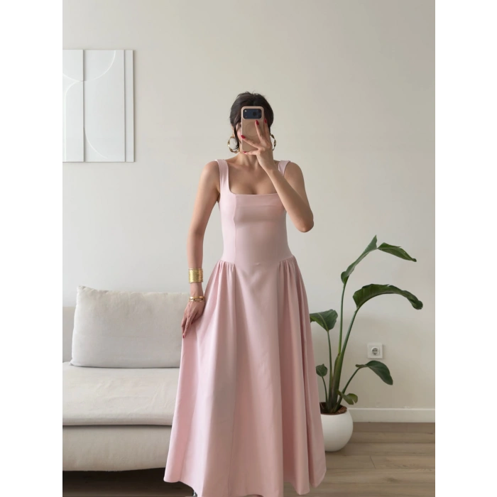Kare Yaka Prenses Elbise - PEMBE