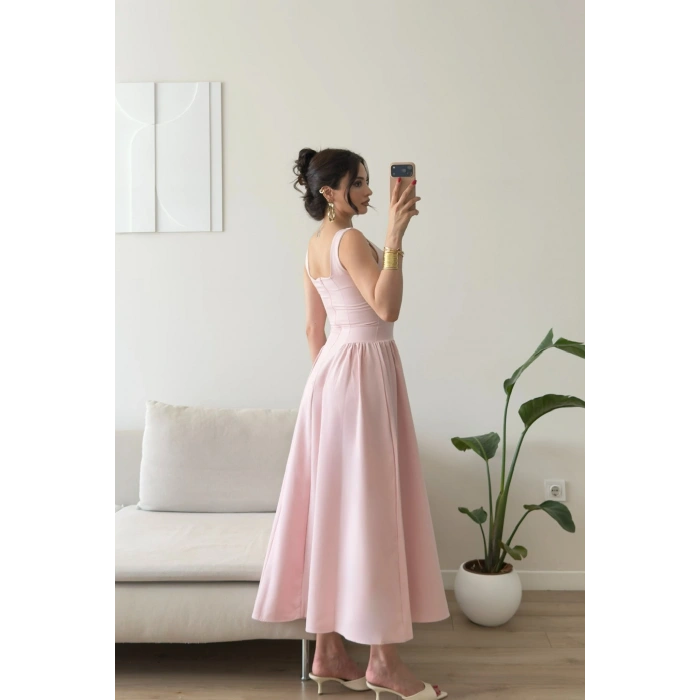 Kare Yaka Prenses Elbise - PEMBE