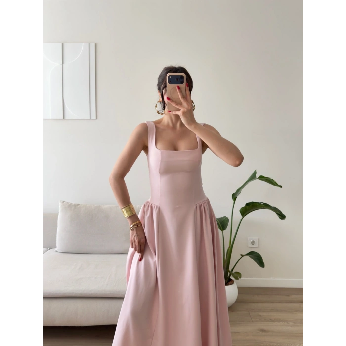 Kare Yaka Prenses Elbise - PEMBE