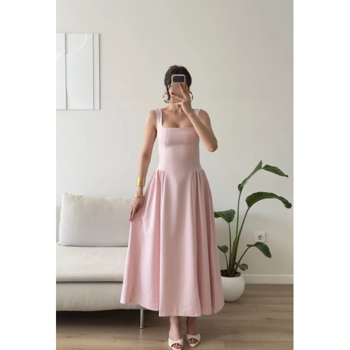 Kare Yaka Prenses Elbise - PEMBE