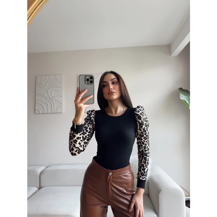 Karpuz Kol Leopar Bluz - SİYAH