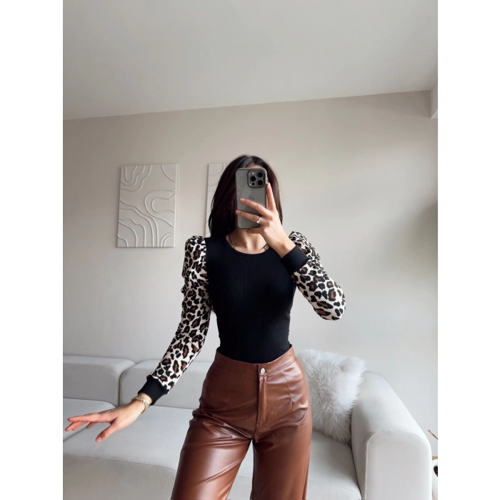Karpuz Kol Leopar Bluz - SİYAH
