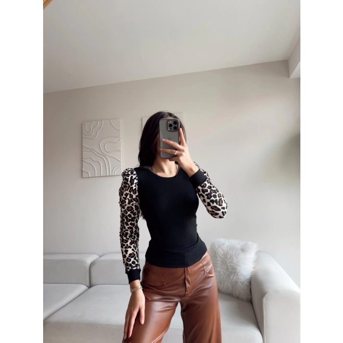 Karpuz Kol Leopar Bluz - SİYAH