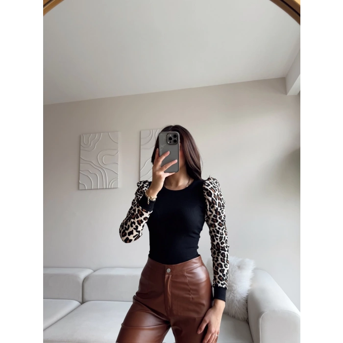 Karpuz Kol Leopar Bluz - SİYAH