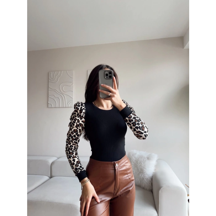 Karpuz Kol Leopar Bluz - SİYAH