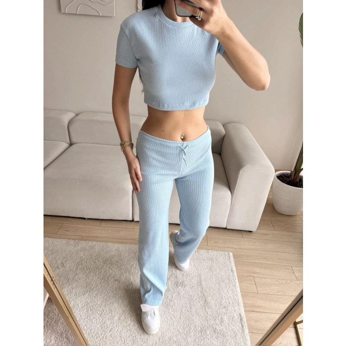 Kaşkorse Crop & Pantolon Takım - BEBE MAVİSİ