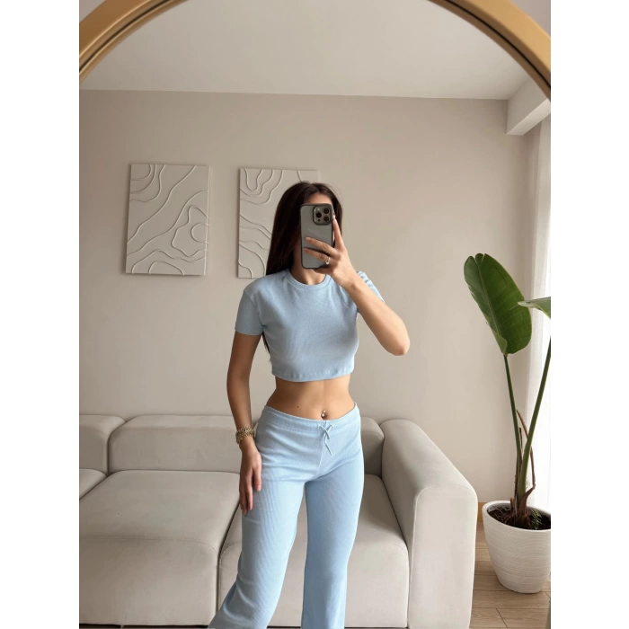 Kaşkorse Crop & Pantolon Takım - BEBE MAVİSİ