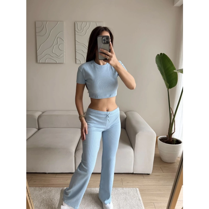 Kaşkorse Crop & Pantolon Takım - BEBE MAVİSİ
