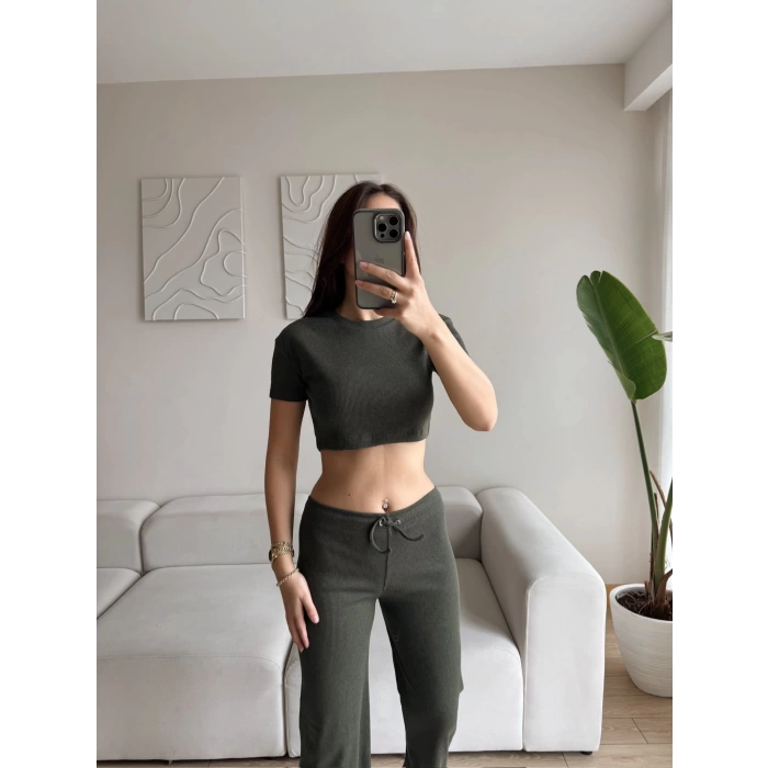 Kaşkorse Crop & Pantolon Takım - HAKİ