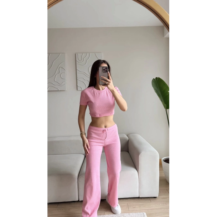 Kaşkorse Crop & Pantolon Takım - PUDRA