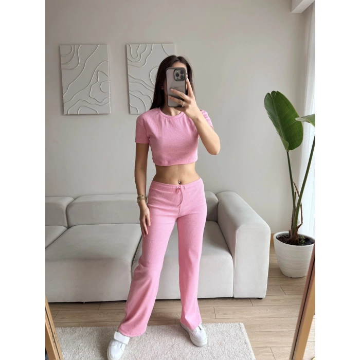 Kaşkorse Crop & Pantolon Takım - PUDRA